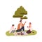 Happy family on summer picnic. Father, mother and child on grass outdoors. Parents and son in nature on holidays. Mom