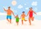 Happy family on summer vacation going to the beach on a sandy shore. Parents and children characters