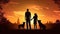 Happy family on sunset background, silhouettes of people and dogs, beagle and belgian shepherd malinois