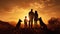 Happy family on sunset background, silhouettes of people and dogs, beagle and belgian shepherd malinois