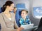 Happy family with tablet pc sitting in plane