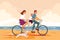 Happy family on tandem bicycle have a bike ride on the sea shore