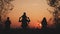 Happy family tourists go hiking in park sunset silhouette. Adventure travel concept. Teamwork. happy family a tourists