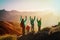 Happy family travel in mountains at sunset, mother and kids enjoy hiking