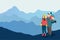 Happy family travelling in the mountains, vector with negative space