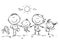 Happy family with two children having fun running outdoors, outline