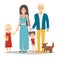 Happy family with two kids and dog. Cartoon caracters people group: mother, father and sisters. Family couple and children