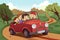 happy family with two kids driving in a red car on a country road