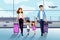 Happy family with two kids going to their summer vacation. Family travel by airplane. Vector flat cartoon illustration