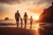 Happy family with two kids walking on the beach at sunset. Concept of friendly family, rear view of A happy family in walks hand