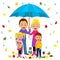 Happy family under umbrella.