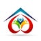 Happy Family union, love heart shaped  care kids and care happy with home house roof shape logo.