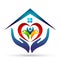 Happy Family union, love heart shaped hands care kids and care happy with home house roof shape logo.