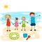 Happy family on vacation at beach. Drawing child of his family. Vector illustration