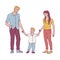 Happy family vector illustration with young couple holding their child boy hands doing first steps.