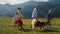 Happy family walk dog on beautiful mountain slope. Father walking pet with son