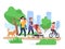 Happy family walking. Couple with children stroll park, son on bicycle, toddler in stroller, fun daughter on father back