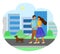 Happy family walking a dog. Girl holds dog leash, guy hugs girl by the shoulders. Cityscape