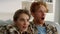 Happy family watch comedy movie have good time in living room together closeup.