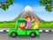 The happy family waving inside the car with the beautiful rock mountain background