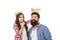 Happy family white background. Bearded man proud of his daughter. Play game with daughter. Fatherhood concept. Fun with