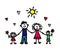 Happy family on a white background. Children`s drawing. Parents and children together. Vector
