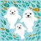 Happy family of white seals and fish on a blue background.