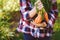 Happy farmer child girl picking fresh home growth carrot harvest from own garden