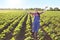 Happy farmer girl in sunflower field