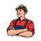 Happy farmer in hat. Agriculture, farming retro vector illustration