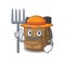 Happy Farmer hiking backpack Scroll cartoon character with hat and tools