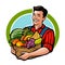 Happy farmer holding wicker basket full of fresh fruits. Agriculture, farm, harvest concept. Cartoon vector illustration