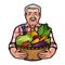 Happy farmer holding a wicker basket full of fresh vegetables. Farm, agriculture, horticulture concept. Cartoon vector