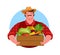 Happy farmer holding wooden box full of fresh vegetables. Healthy food, vector illustration