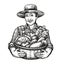 Happy farmer holds a wicker basket full of fresh vegetables. Farm, harvest, agriculture concept. Sketch vector