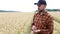 Happy  farmer inspects a wheat field. Harvest time