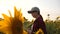 Happy farmer woman working with a tablet in a sunflower field in sunset. An agronomist studies a sunflower crop and