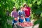 Happy farmers near box of freshly picked peaches in garden