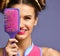 Happy fashion brunette woman close eyes with colorful pink blue big hair comb brush