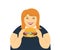 Happy fat woman eating a big hamburger