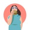 Happy fat woman eating a big tasty hamburger. Flat concept illustration of bad habits and people eating burgers and junk