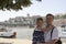 Happy father with daughter stands on the banks of the Danube riv
