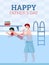 Happy father day vector poster, dad teaching to son swimming in the pool.