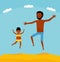 Happy father and his sweet little daughter at beach. Active travel concept. Cartoon flat style illustration. African