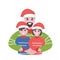 Happy father with kids in Christmas wearings. Daddy hugs his children festive illustration.