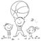 Happy father playing ball with his kids, outline illustration