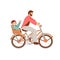 Happy father riding a bicycle with kid on baby carrier bike seat, waving his heand in cheer mood. Happy father with