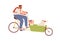 Happy father riding cargo bicycle with child and dog in carriage. Dad cycling bike with kid. Daddy together with