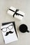 Happy Father`s Day background, card. Funny hat, glasses and moustache, coffee cup, gifr or present, notebook mock up