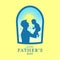 Happy father`s day banner with Silhouette father carrying a baby in window view and yellow background vector design